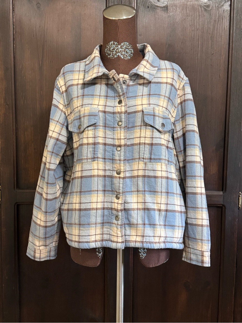 Lucky Brand Shacket light Blue Cream Plaid Sherpa lined size Large Cabincore